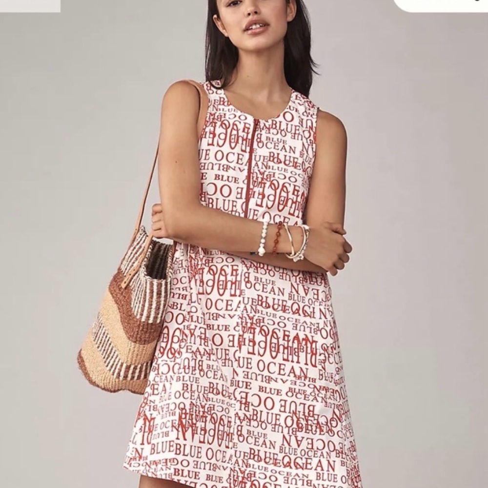 Maeve Keiko Sleeveless Dress with Red All-Over Text Ocean Print